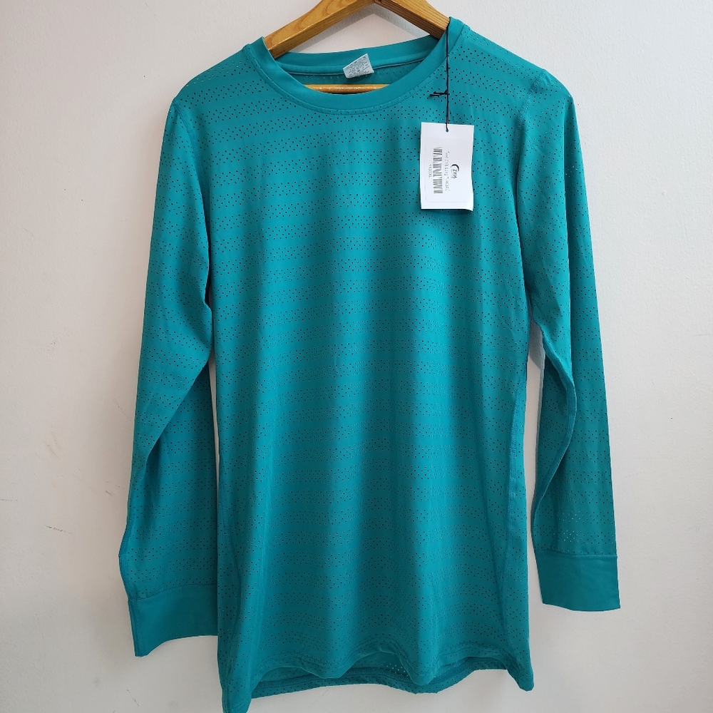 Zyia Active Shirt Womens XL Chill Long Sleeve Perforated Teal Workout Crew Neck